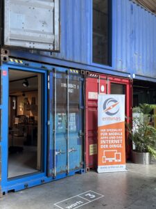 Container office entrance with ermina's display stand