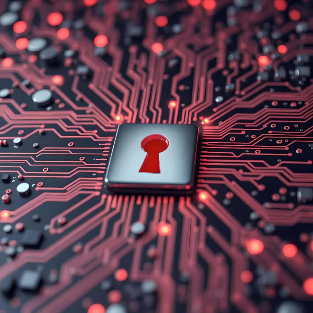 A keyhole symbol on a microchip, surrounded by red circuit traces to symbolize data security