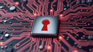 Schlüsselloch-Symbol auf einem Mikrochip, umgeben von roten Leiterbahnen als Symbol für Datensicherheit