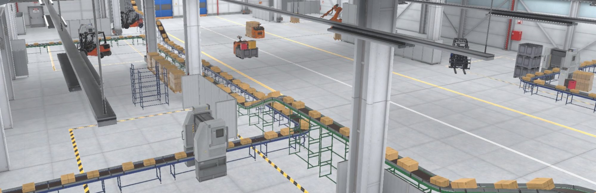 bandicam 2024-09-12 15-31-59-371 Virtuelle Produktionshalle mit Förderbändern, Robotern und automatisierten Maschinen – VR-Simulation industrieller Abläufe.