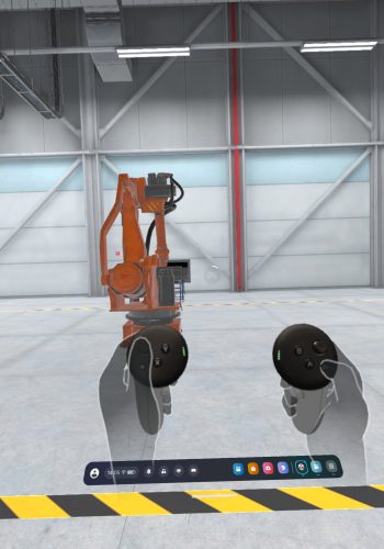 Virtual reality: user controls an industrial robot in VR with controllers in a digital factory environment.